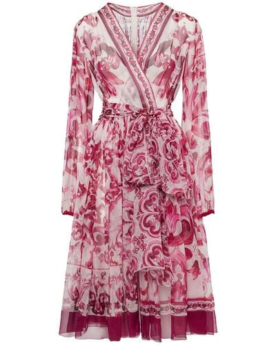 Dolce & Gabbana Maiolica Print Silk Chiffon Wrap Dress - Pink
