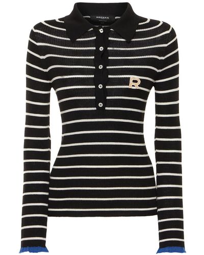 Rochas Striped Rib Knit Wool Polo Shirt - Black