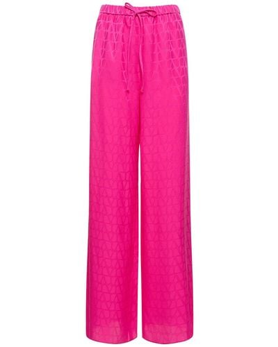 Valentino Silk Satin Logo Jacquard Wide Trousers - Pink