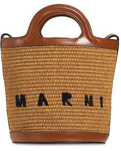 Marni Mini Raffia Effect & Leather Bucket Bag - Brown
