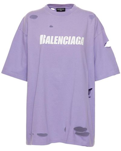 Balenciaga T-shirt Oversize In Jersey Distressed Con Logo - Viola