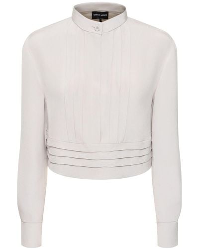 Giorgio Armani Silk Satin Crop Shirt W/ Pleats - White