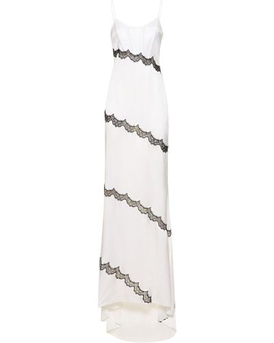 Alessandra Rich Silk Satin Long Evening Dress W/ Lace - White