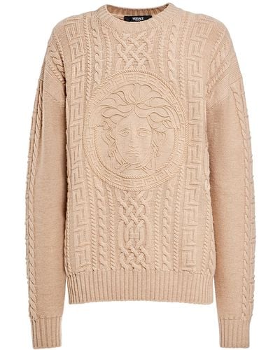 Versace Medusa Embroidery Wool Knit Sweater - Natural