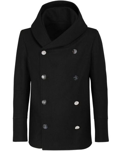 Balmain Hooded Wool Pea Coat - Black