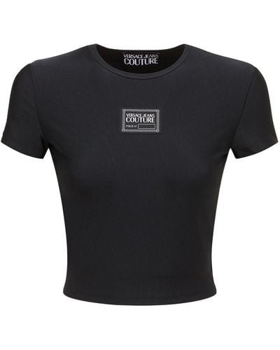 Versace Shiny Lycra Cropped T-shirt W/ Logo - Black