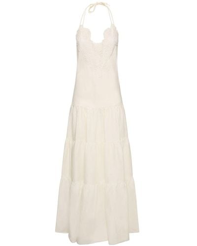 Ermanno Scervino Embroidered Linen Flared Long Dress - White