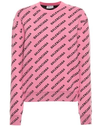 Balenciaga All Over Logo Cotton Blend Sweater - Pink