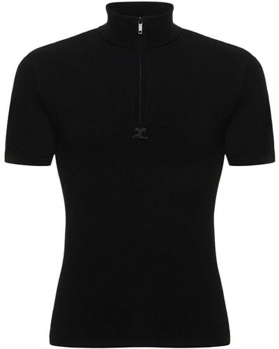 Courreges Knit Viscose Blend Short Sleeve Sweater - Black