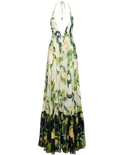 Roberto Cavalli Printed Silk Chiffon Self-Tie Maxi Dress - Green