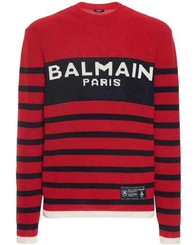 Balmain Logo Striped Wool Knit Sweater - Red
