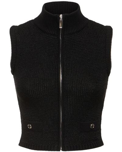 Alessandra Rich High Neck Sequined Knit Vest W/zip - Black
