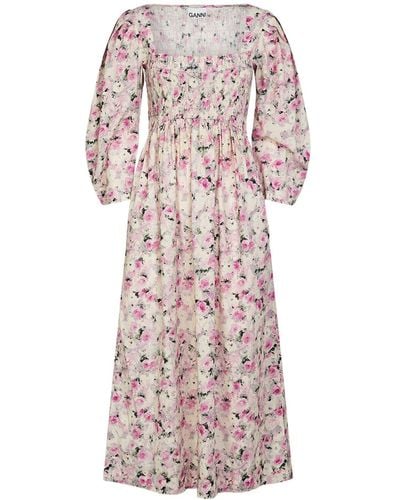 Ganni Smocked Printed Cotton Long Dress - Multicolour