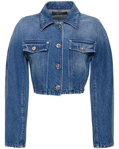 Versace Cropped Denim Jacket W/Logo Buttons - Blue