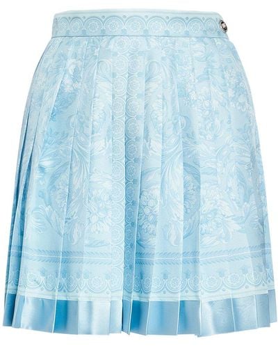 Versace Barocco Print Pleated Silk Mini Skirt - Blue