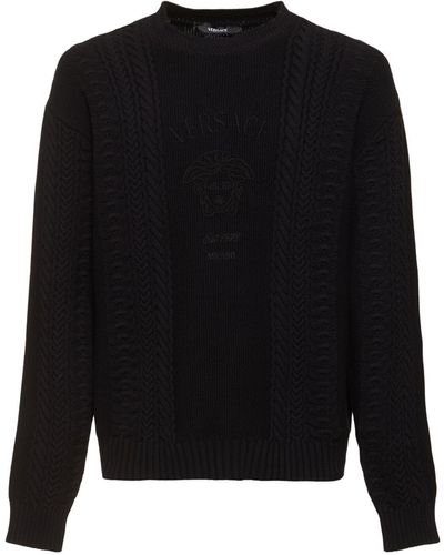 Versace Logo Cotton Blend Cable Knit Jumper - Black
