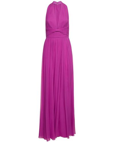 Elie Saab Pleated Silk Long Halter Dress - Purple