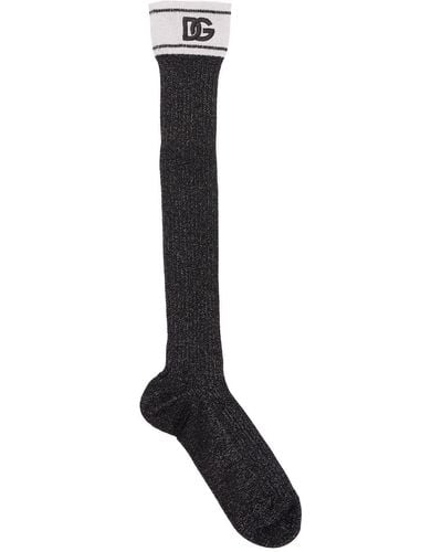 Dolce & Gabbana Logo Viscose & Vynil Effect Knee Socks - Black