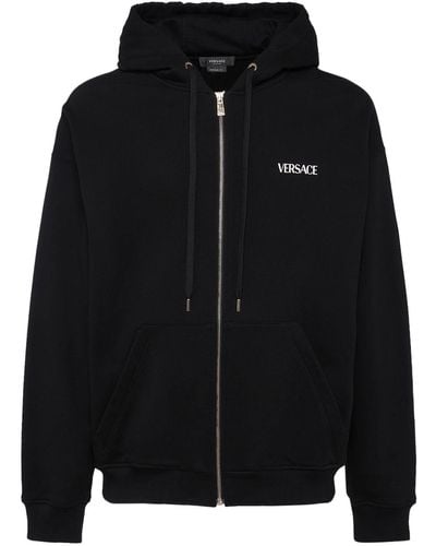 Versace Logo Printed Cotton Zip Hoodie - Black