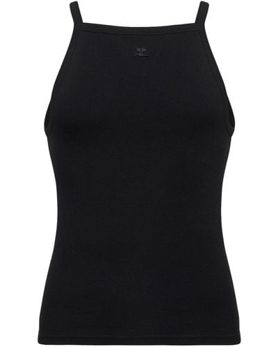 Courreges Logo Embroidered Cotton Tank Top - Black