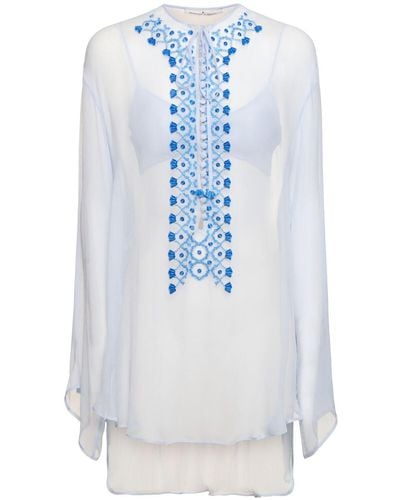 Ermanno Scervino Embroidered Silk Caftan Shirt - Blue