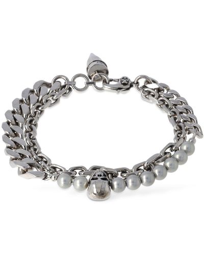 Alexander McQueen Skull & Pearl Brass Bracelet - Metallic