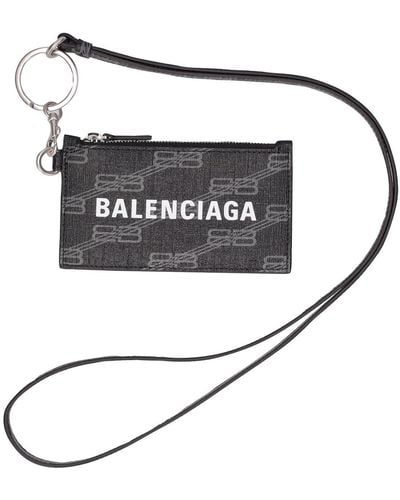 Balenciaga Faux Leather Zip Card Holder W/ Keyring - Black