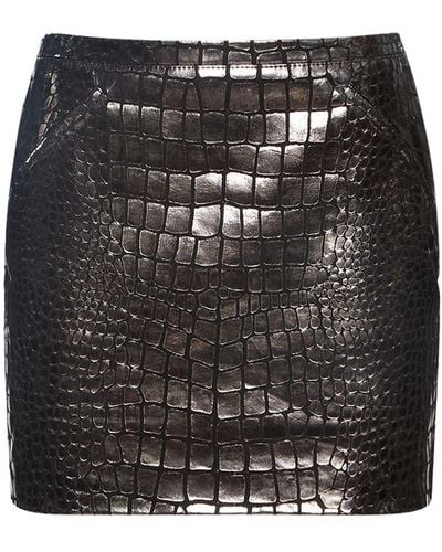 Tom Ford Croc Embossed Laminated Leather Skirt - Black
