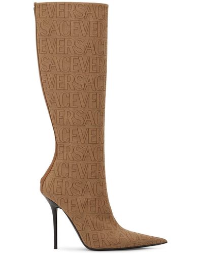 Versace 110mm Hohe Stiefel Aus Leder Und Canvas - Braun