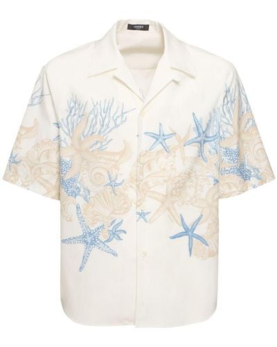 Versace Coral Print Cotton Short Sleeve Shirt - White
