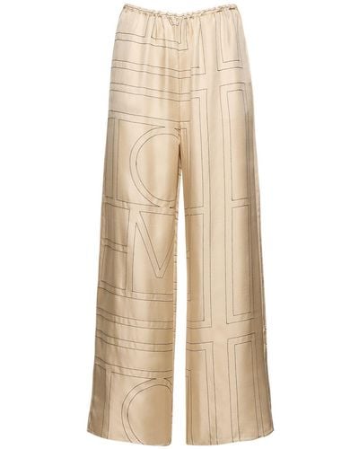 Totême Monogram Embroidered Silk Trousers - Natural