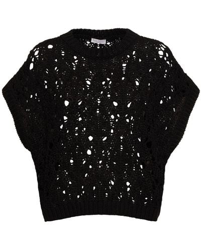 Brunello Cucinelli Open Knit Short Sleeve Sweater - Black