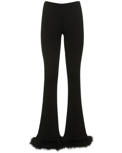 Mach & Mach Stretch Ribbed Knit Trousers W/ Feathers - Black