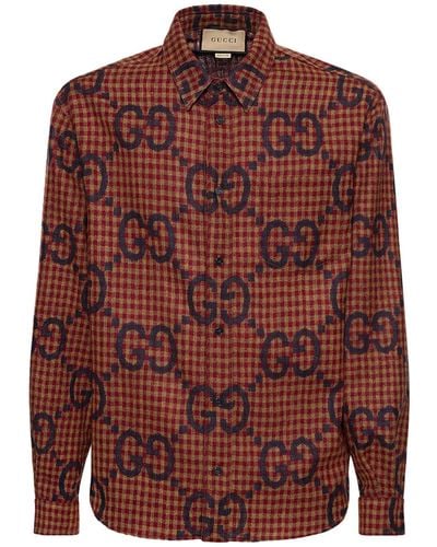Gucci Camisa de lana a cuadros con Maxi GG - Rojo
