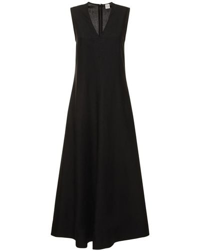 Totême Fluid V-Neck Linen Blend Midi Dress - Black