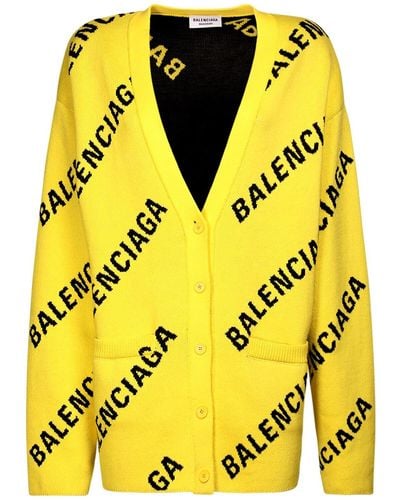 Balenciaga Logo Cotton Blend Knit V Neck Cardigan - Yellow