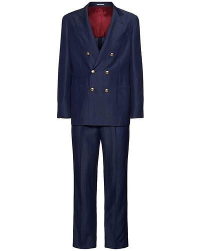 Brunello Cucinelli ウール&リネンデニム風スーツ - ブルー
