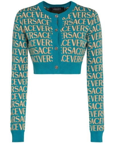 Versace Logo Jacquard Knit Crop Cardigan - Green