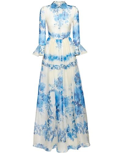 Valentino Ceramic Printed Silk Organza Long Dress - Blue
