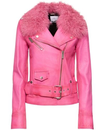 Blumarine Belted Leather Jacket W/ Fur Collar - Pink