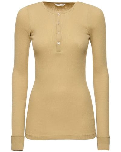 AURALEE Buttoned Cotton T-shirt - Natural