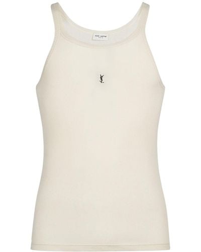 Saint Laurent Cassandre Logo Patch Cotton Tank Top - Natural