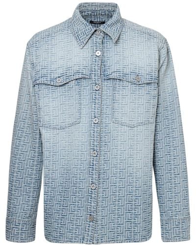 Balmain Camisa de denim de algodón con jacquard - Azul