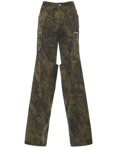 Blumarine Printed Denim Wide Jeans W/Buckles - Green