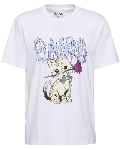 Ganni T-shirt Aus Baumwolljersey "rose Cats" - Weiß