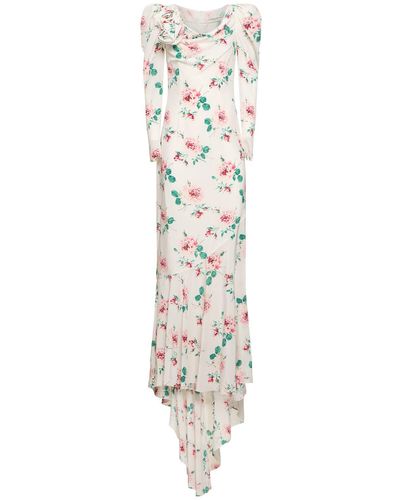 Alessandra Rich Rose Printed Silk Maxi Dress W/ Appliqué - White