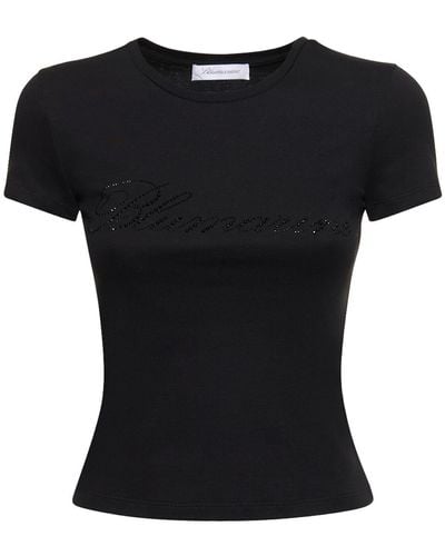 Blumarine T-shirt in jersey di cotone con logo e cristalli - Nero