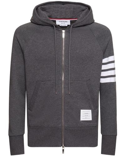 Thom Browne Zip-Up Stripes Cotton Sweatshirt Hoodie - Grey