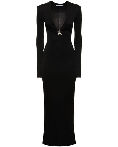 Area Viscose V Neck Long Dress W/ Star Stud - Black