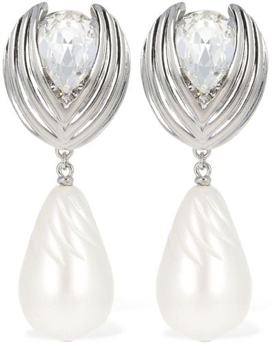 Alessandra Rich Crystal Earrings W/ Pearl Pendant - White